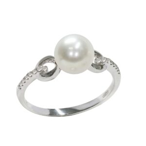 Anello in Oro bianco 750‰ Diamanti ct 0,08 Perla Akoya 7x7½mm misura ø 14