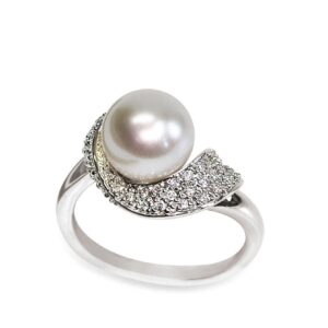 Anello in Oro bianco 750‰ Diamanti ct 0,23 Perla Piena Perlagione 9X9½mm misura ø 14