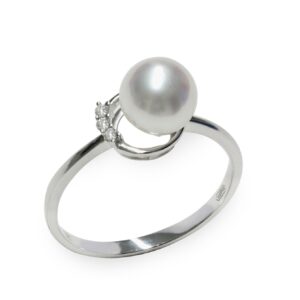 Anello in Oro bianco 750‰ Diamanti ct 0,03 Perla Akoya 7x7½mm misura ø 14