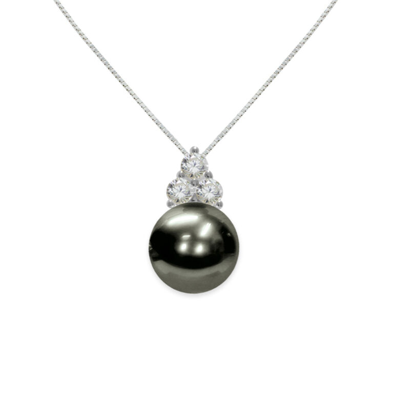 925‰ Silver Necklace Full Pearl Black Button Pearls 7½X8mm CZ